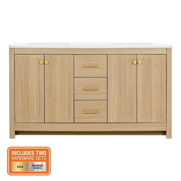 Lapine 61 in. Double Sink Blond Oak Bath Vanity with White Cultured Marble Top (Assembled)