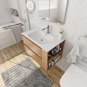 High-quality 30 in. W x 18.1 in. D x 19.4 in. H Floating Bath Vanity in Imitative Oak with White Acrylic Gel Top