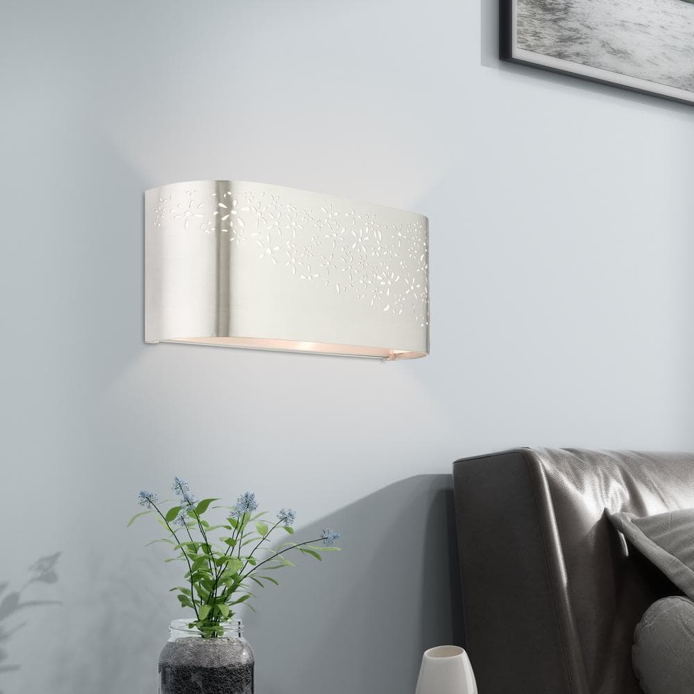 Noria Brushed Nickel 2-Light Vanity Sconce with Off-White Linen Shade