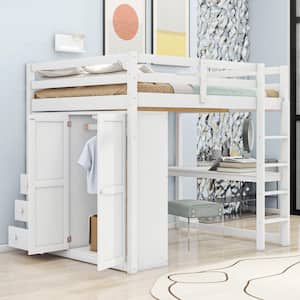 White Wood Frame Full Size Loft Bed with Wardrobe, Built-in Desk, Storage Shelves, 3-Drawer