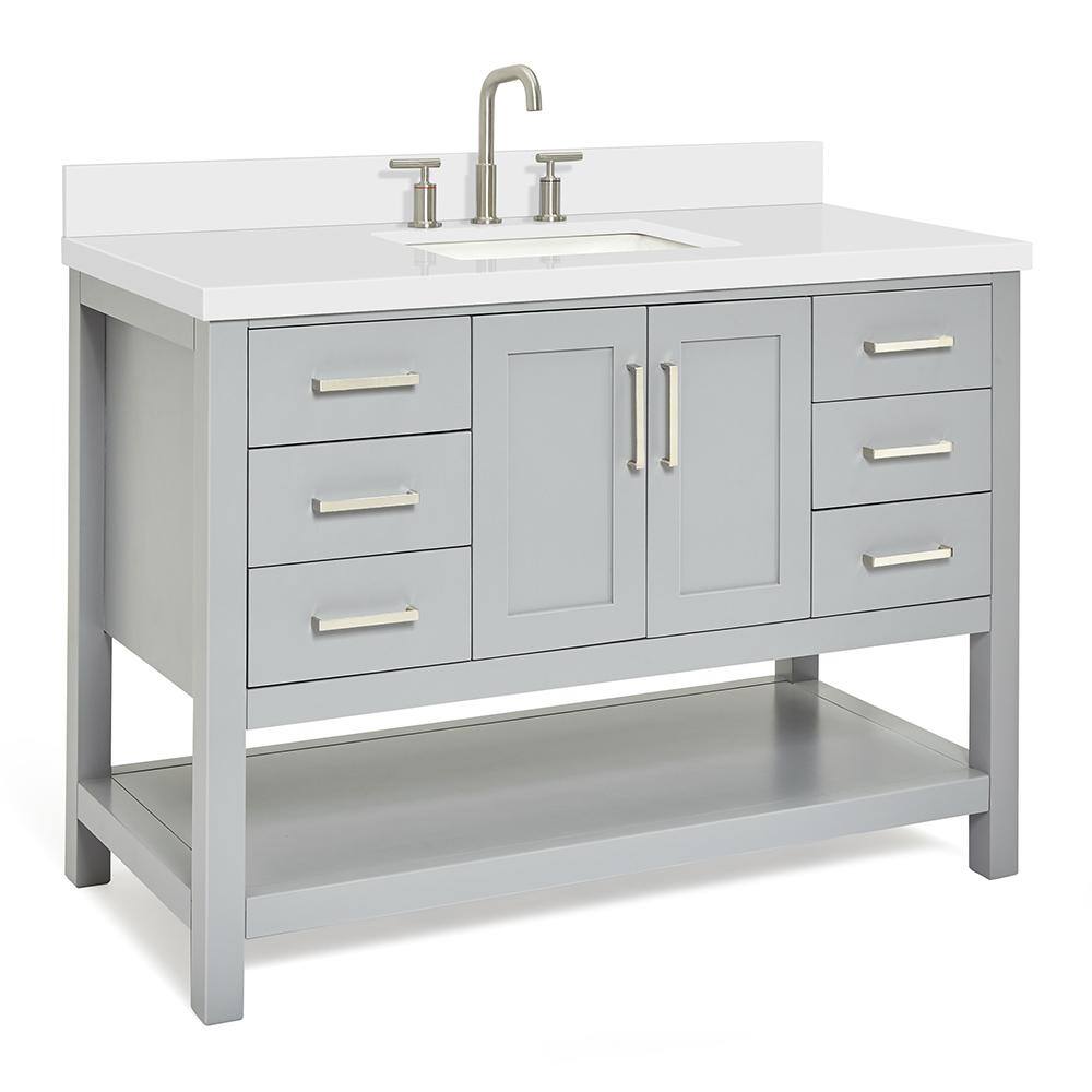 Gray Solid Wood Bath Vanity with White Quartz Top