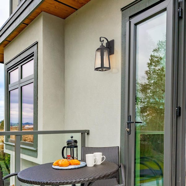 12 in. 1-Light Textured Black Outdoor Light Wall Sconce with Clear Seeded Glass (1-Pack)
