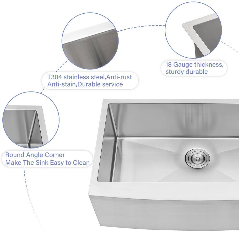 36-Inch Brushed Stainless Steel Farmhouse Apron-Front Single Bowl Kitchen Sink