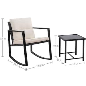 Black 3-Pieces Metal Wicker Outdoor Rocking Chair Bistro Conversation Set with White Cushions