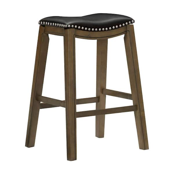 Benjara 30.5 in. Brown and Gray Backless Wooden Frame Bar Stool with Leather Seat