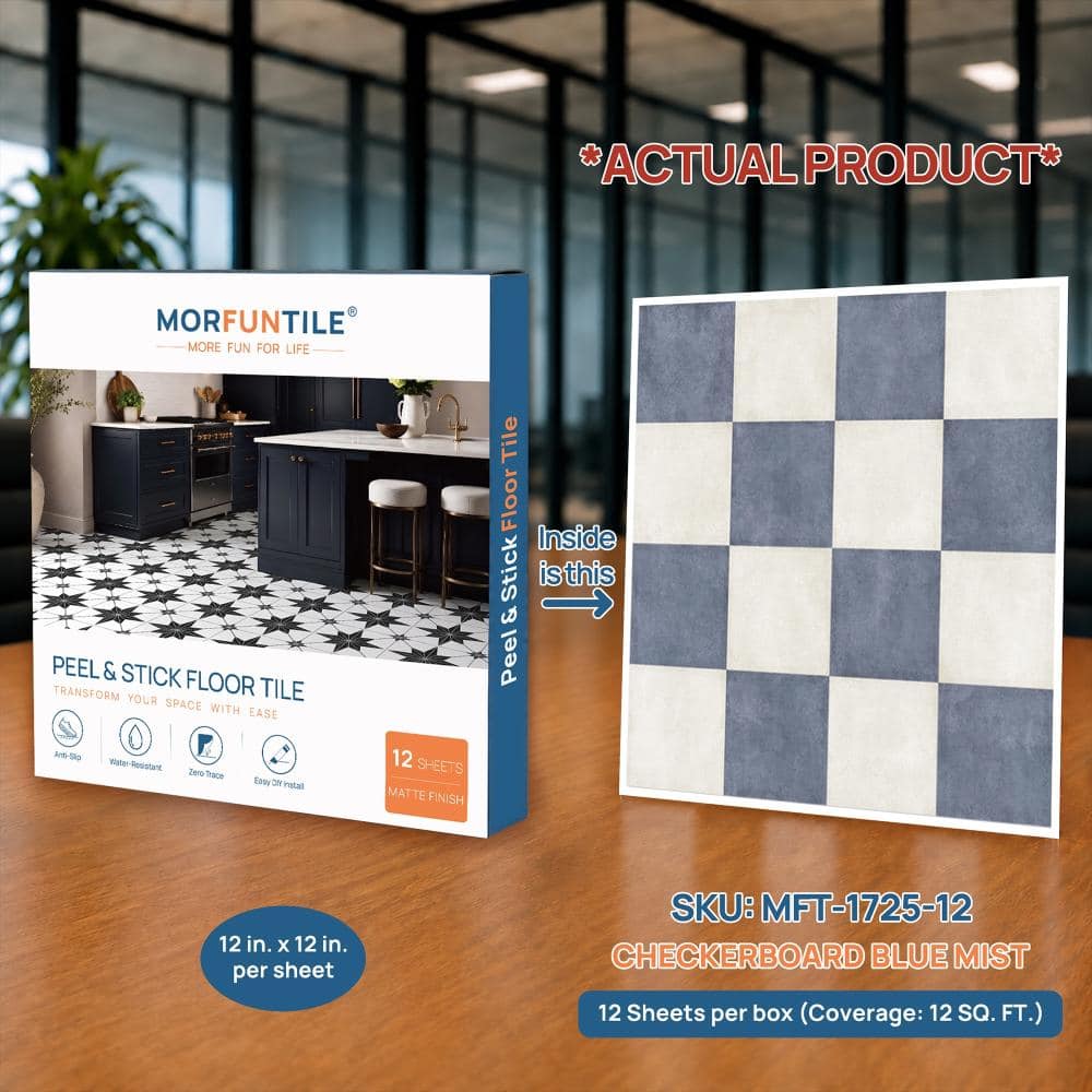 MORFUNTILE MFT-1725-12 Checkerboard Blue Mist Peel & Stick Floor Tile ...