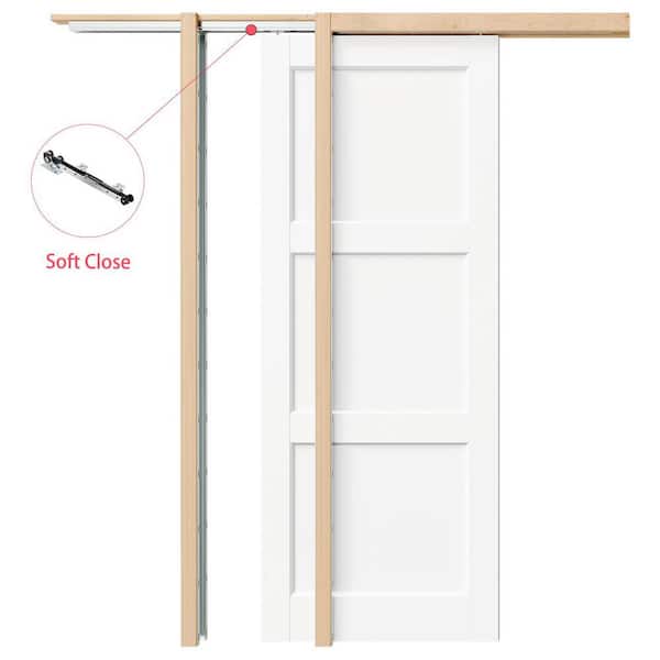 56 in. x 80 in. White Primed Solid Wood 3-Panel Core Pocket Door, Double Doors with Soft Close, Frame and Full Hardware