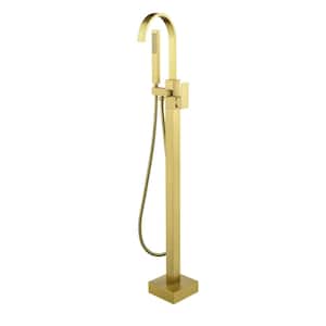 Single-Handle Freestanding Floor Mount Tub Faucet with Hand Shower in Brushed Gold