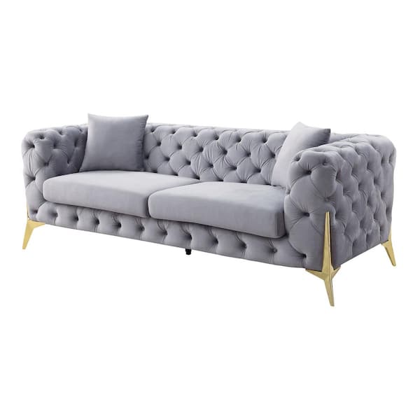 Jelanea 86 in. Wide Square Arm Velvet Straight Sofa with 2 Pillows in Gray  and Gold