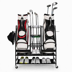 2-Bag Freestanding Golf Club Storage Organizer Cart on Wheels for Garage Sports Equipment
