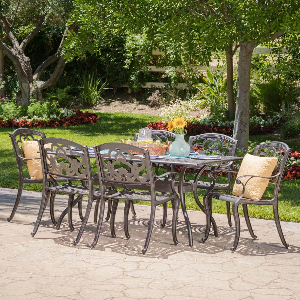 Noble House Vienna 7-Piece Cast Aluminum Rectangular Outdoor Dining Set