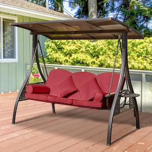 3-Person Metal Flat Pipe Patio Swing with Adjustable Canopy and Red Cushions Support 750 lbs.