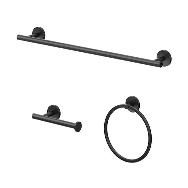 Level 3-Pieces Bath Hardware Set with 18 in. Towel Bar Toilet Paper Holder and Towel Ring in Matte Black