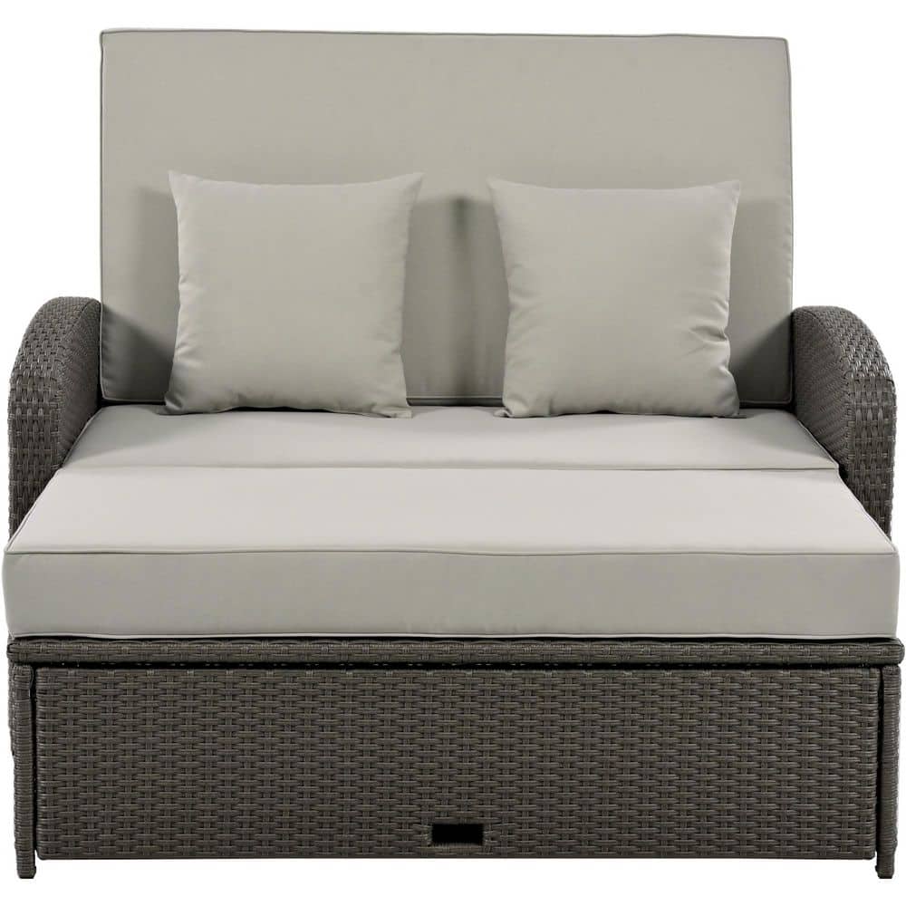 Wicker Outdoor Double Chaise Lounge with Gray Cushions and Adjustable Back