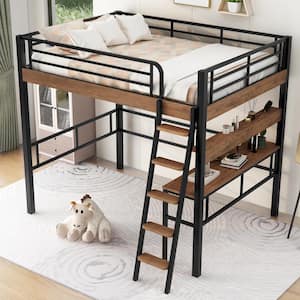 Black and Brown Full Size Metal Loft Bed with Built-in Wood Desk, Storage Shelf and Sloping ladder