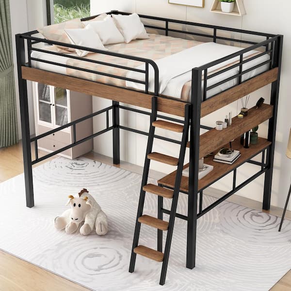 Harper & Bright Designs Black and Brown Full Size Metal Loft Bed with Built-in Wood Desk, Storage Shelf and Sloping ladder