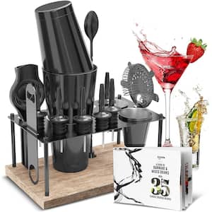 17-Piece Black Stainless Steel Bartender Kit - Bar Cocktail Shaker Set, 30 Oz. Muddler, Jigger, Pourers Wood Stand