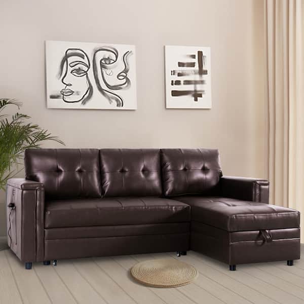 HOMESTOCK 84.85 in. Reversible Faux Leather Sleeper Sectional Sofa in Espresso with Storage and USB Ports