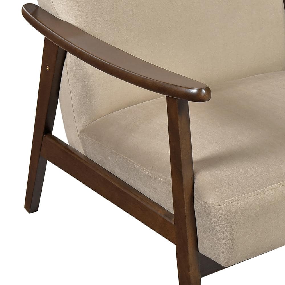 Light Brown Velvet and Wood Mid-Century Modern Accent Chair