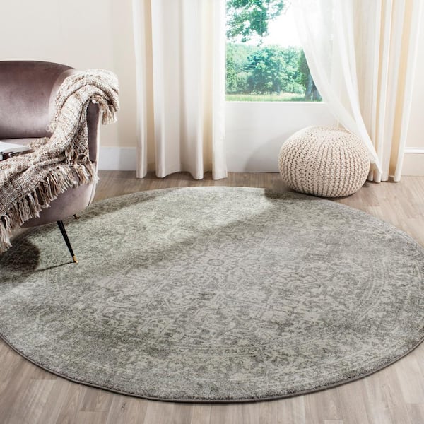 Evoke Silver/Ivory 7 ft. x 7 ft. Round Border Medallion Distressed Area Rug