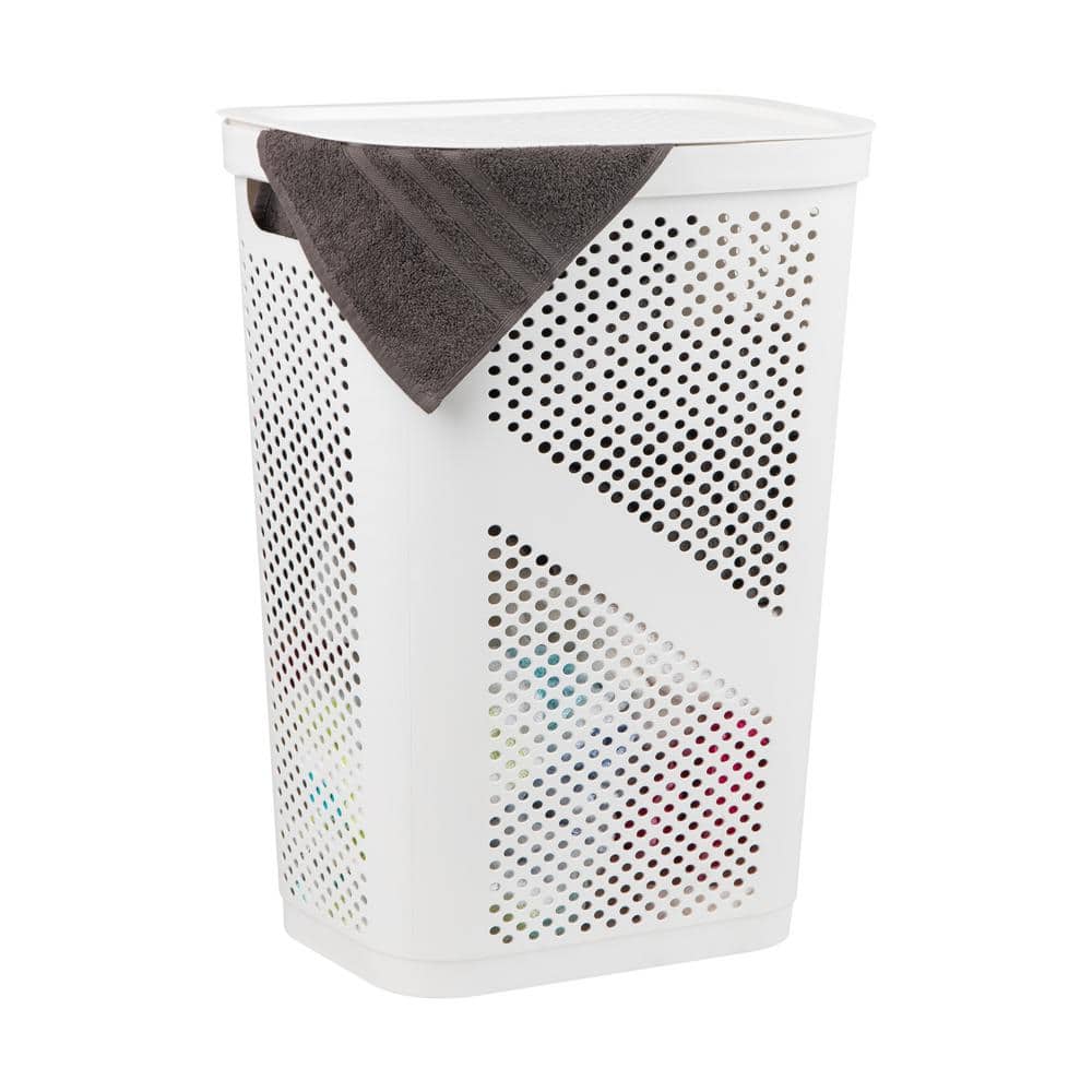 White Plastic Collapsible Upright Laundry Hamper with Lid