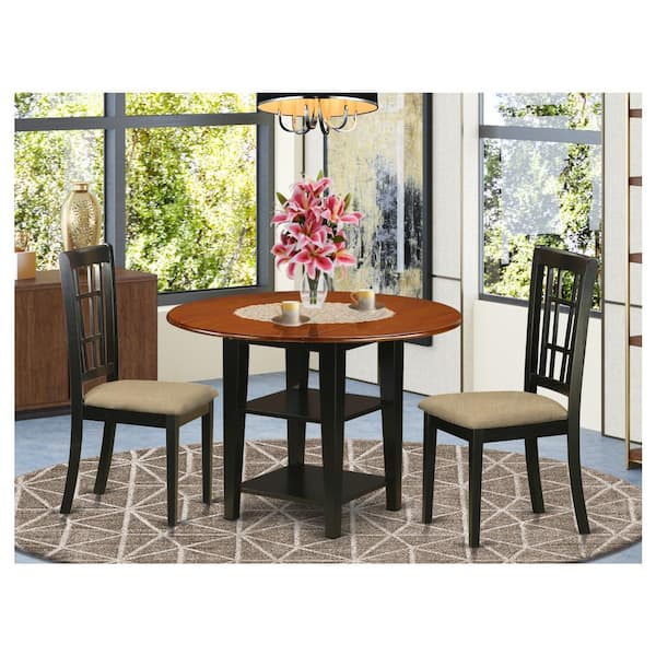 East West Furniture 3-Piece Black and Cherry Finish Round Solid Wood Top Dining Table Set