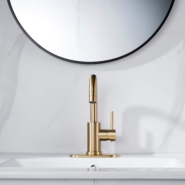 Single Hole Single Handle Bathroom Deck Mount Lavatory Vessel Sink Faucet With Drain Kit Deck Plate in Brushed Gold