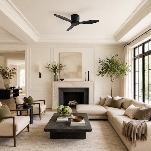 42 in. Indoor/Outdoor Flush Mount Low Profile Black Ceiling Fan with Reversible DC Motor