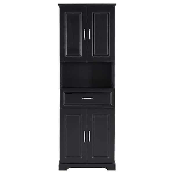 JimsMaison 24.5 in. W x 16.1 in. D x 70.8 in. H Black MDF Freestanding Linen Cabinet with Open Shelve