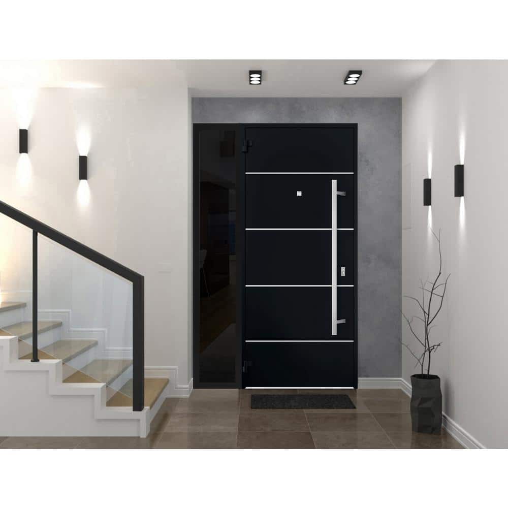 Modern Black Enamel Metal Exterior Prehung Door with Sidelites