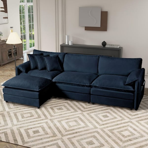 Amber Modern 109.45 in. 4-Piece Chenille L-Shaped Modular Sectional Sofa in Blue with Ottoman