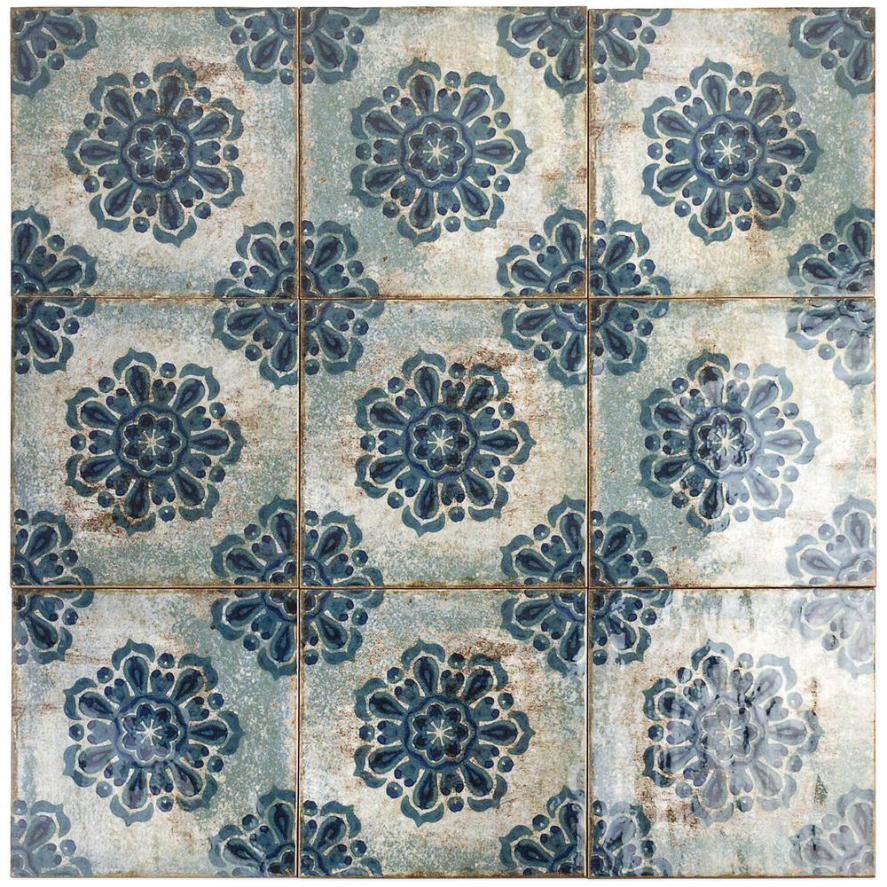 Angela Harris 8" x 8" Blue Patterned Ceramic Wall Tile
