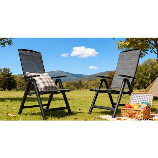 Unbranded Dark Gray Aluminium Folding Reclining Sling Lawn Chairs with Adjustable High Backrest (Set of 2)