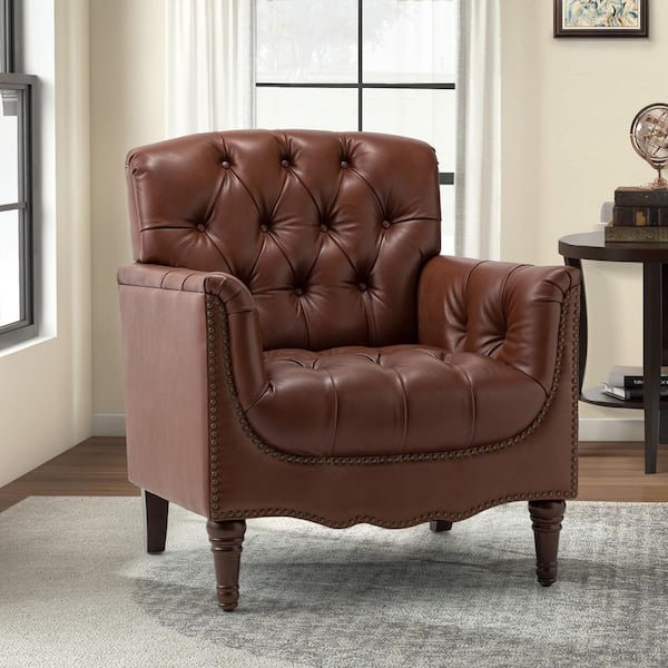 JAYDEN CREATION Elijah 32 in. Traditional Brown Button-Tufted Genuine Leather Arm Chair with Solid Wood Legs