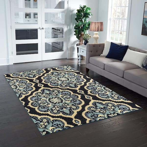 Blue Polyester 5 ft. x 7 ft. Floral Indoor Area Rug