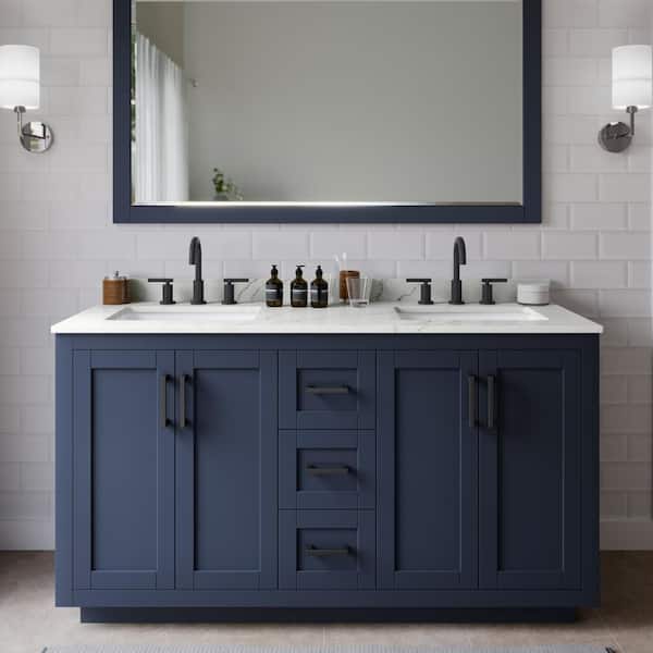 Wyndham Collection Miranda 60 in. W x 22 in. D x 33.75 in. H Double Bath Vanity in Dark Blue with Giotto Quartz Top and 58 in. Mirror