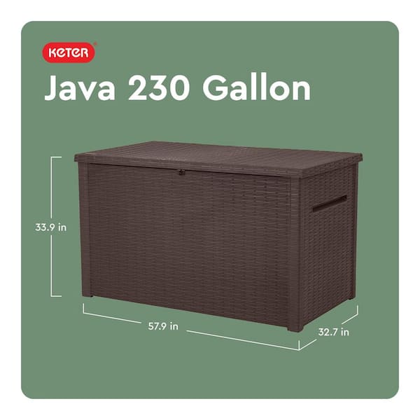 Java 230 Gal. Large Rattan Look Resin Deck Box for Patio Garden Furniture, Outdoor Storage Container, Brown