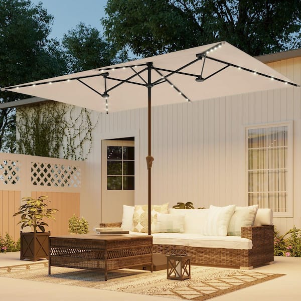 11 x 7 ft. Steel Solar-powered Double-Sided Market Patio Umbrella with Canopy Outdoor Table Umbrella in Beige