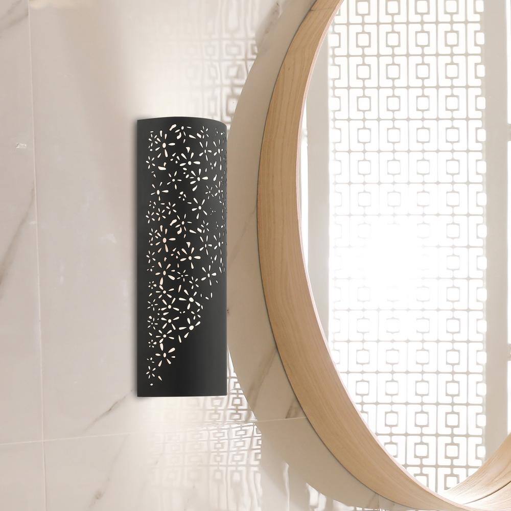 Noria Organic Laser Cut Black Steel 2-Light Sconce with Off-White Linen Shade