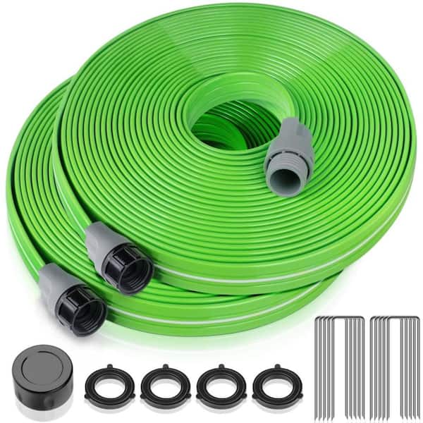 100 ft Heavy Duty Sprinkler Soaker Hose, Flat 3-Tube Irrigation Hose with Stakes for Lawn Yard and Garden, Green