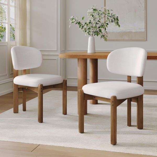 Beige Fabric Upholstered Scandinavian Walnut Finished Frame Dining Chairs (Set of 2)
