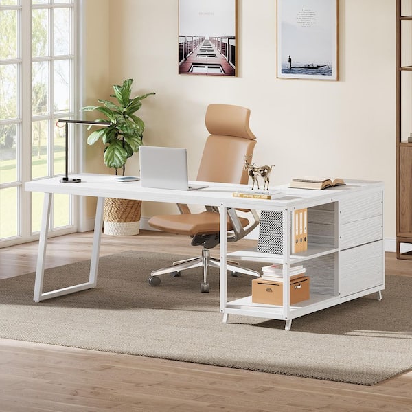 Lanita 53.1 in. Reversible L Shaped Desk White Engineered Wood 3-Drawer Computer Desk for Home Office