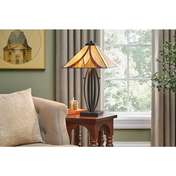 Home Decorators Collection Margrave 25 in. 2-Light Matte Black Table Lamp with Tiffany Shade