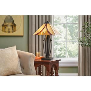Margrave 25 in. 2-Light Matte Black Table Lamp with Tiffany Shade