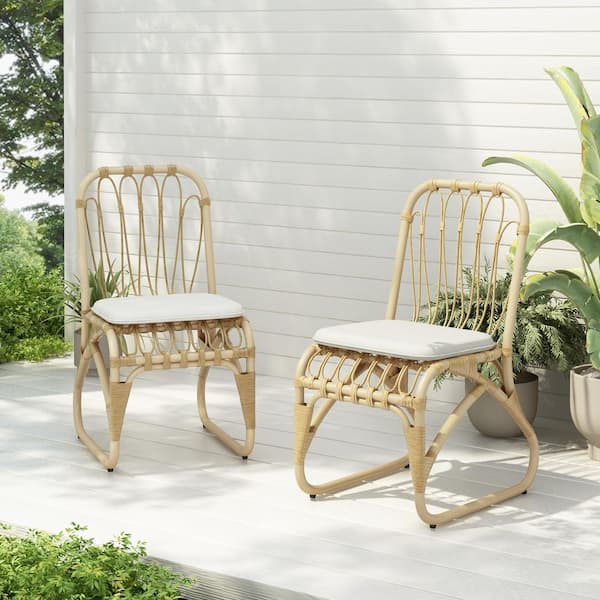 Unbranded Natural PE Rattan Wicker Outdoor Dining Chair with Washable Beige Cushions (2-Pack)