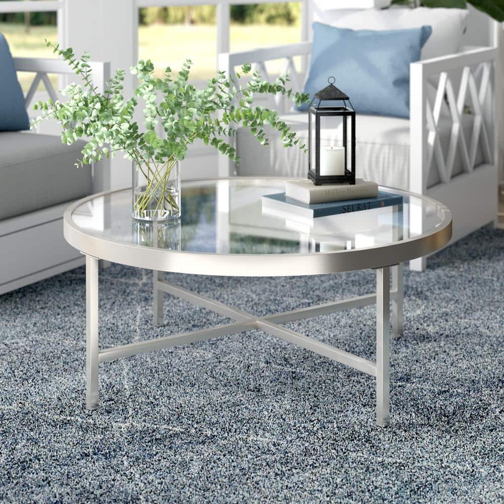 36" Round Satin Nickel Coffee Table with Glass Top