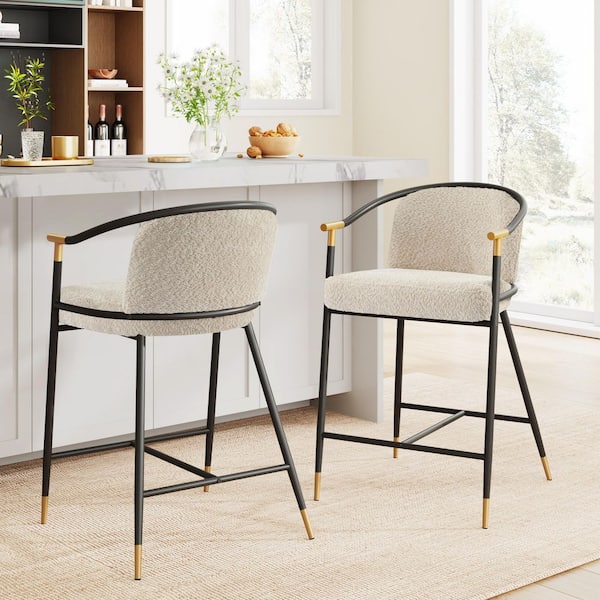 Brellix 26 in. Modern Boucle Fabric Upholstered Counter Stools with Metal Frame, Almond + Black + Gold, Set of 2