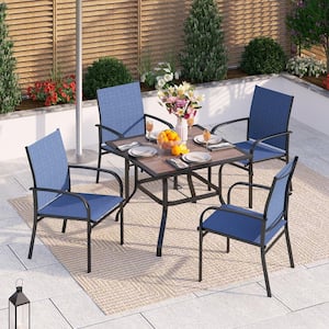 Black 5-Piece Metal Wood-Look Square Table Outdoor Patio Dining Set with Blue Textilene Chairs
