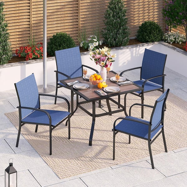 PHI VILLA Black 5-Piece Metal Wood-Look Square Table Outdoor Patio Dining Set with Blue Textilene Chairs