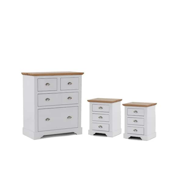 Herval 2-Nightstand and 1-Dresser in White Solid Wood with a Pine Wood Top